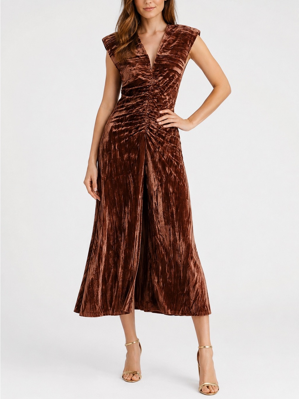 ASTR the Label Brown Daisha Ruched Velour Midi Dress Womens Size M NWT